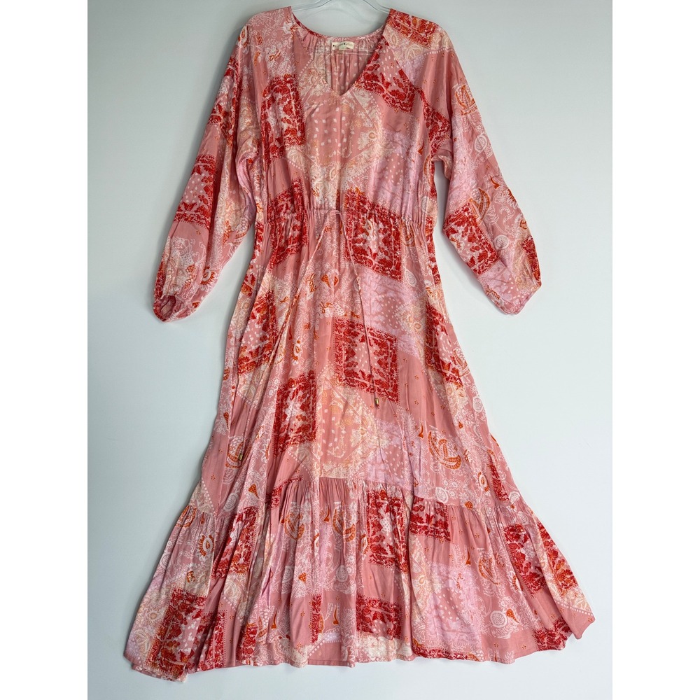 Roller Rabbit Maxi Dress Womens Size M Pink Red Patchwork Bandana Boho Tiered - Picture 2 of 13